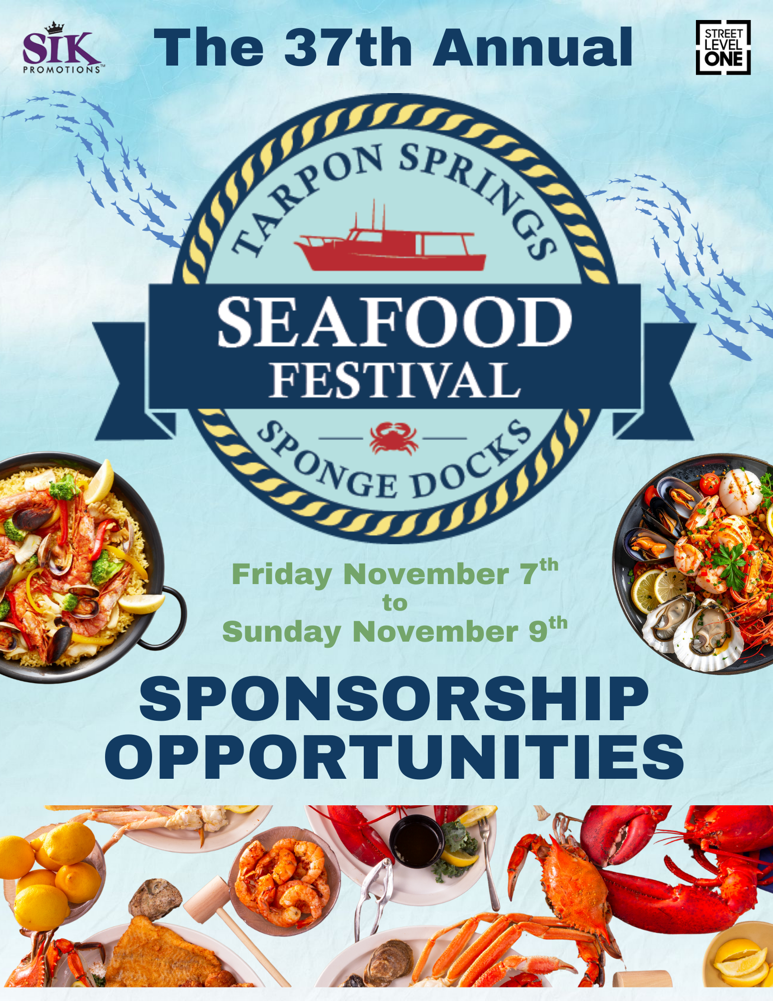 Promotional poster for the 37th Annual Tarpon Springs Seafood Festival with images of seafood dishes.