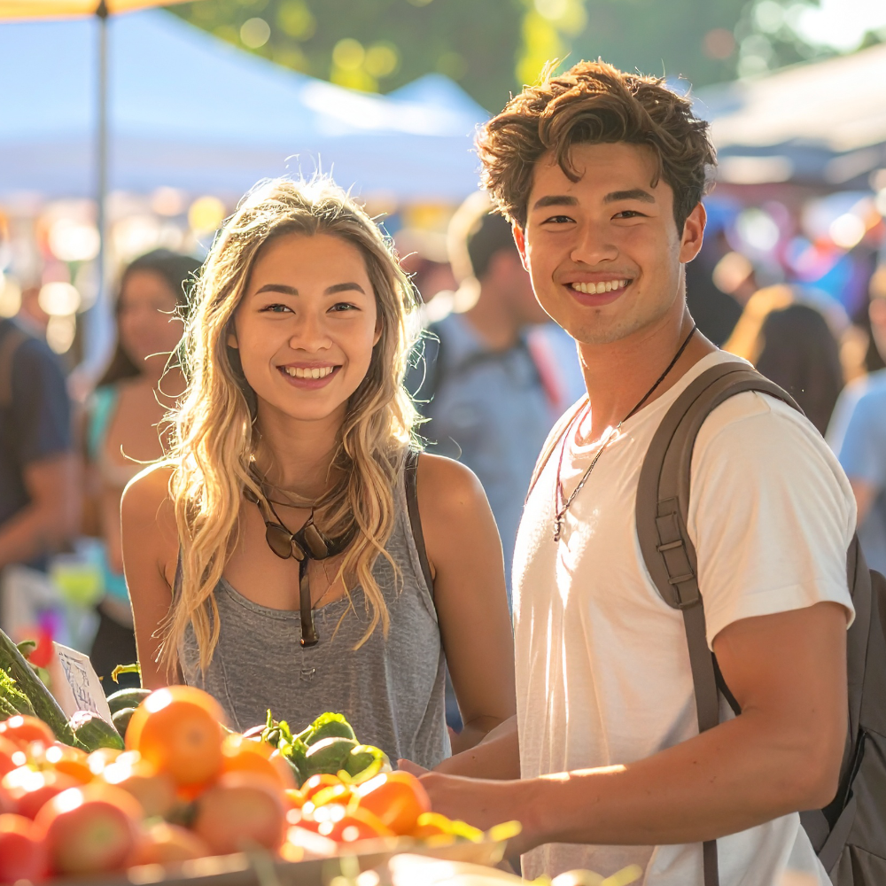 Two people standing behind a table of fruits and vegetables at an outdoor market.