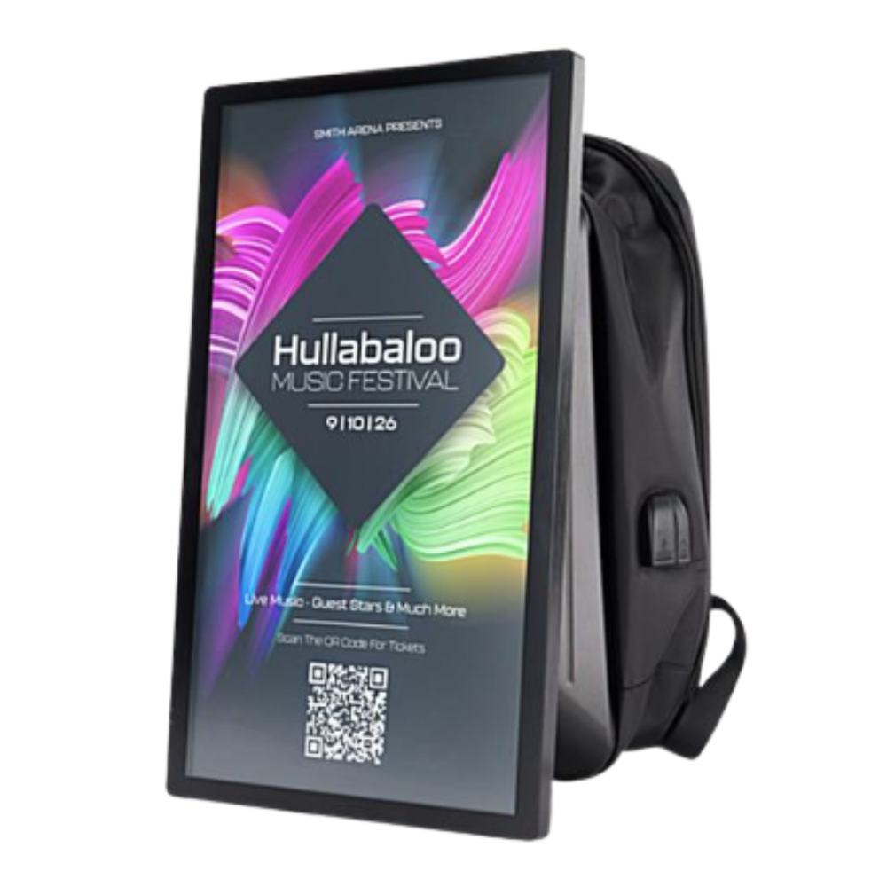 Backpack with a screen displaying 'Hullabaloo Music Festival' information on a white background