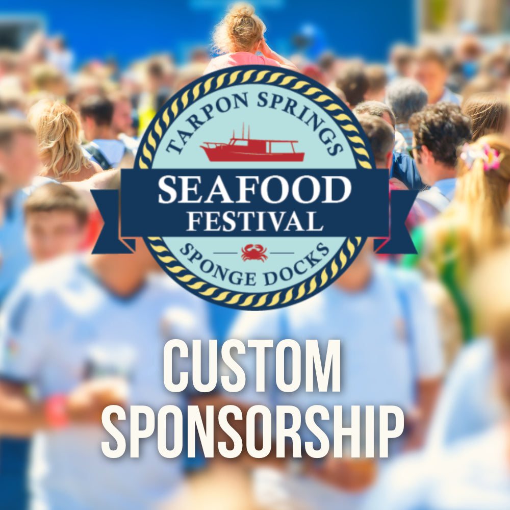 Promotional graphic for Tarpon Springs Seafood Festival with a crowd in the background