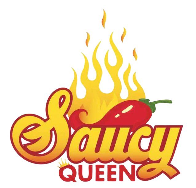 Logo of 'Saucy Queen' with a red pepper and flames on a white background