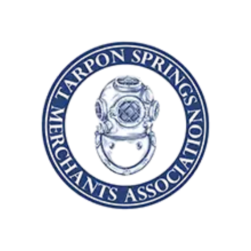 Logo of the Tarpon Springs Merchants Association with a blue border and central emblem.